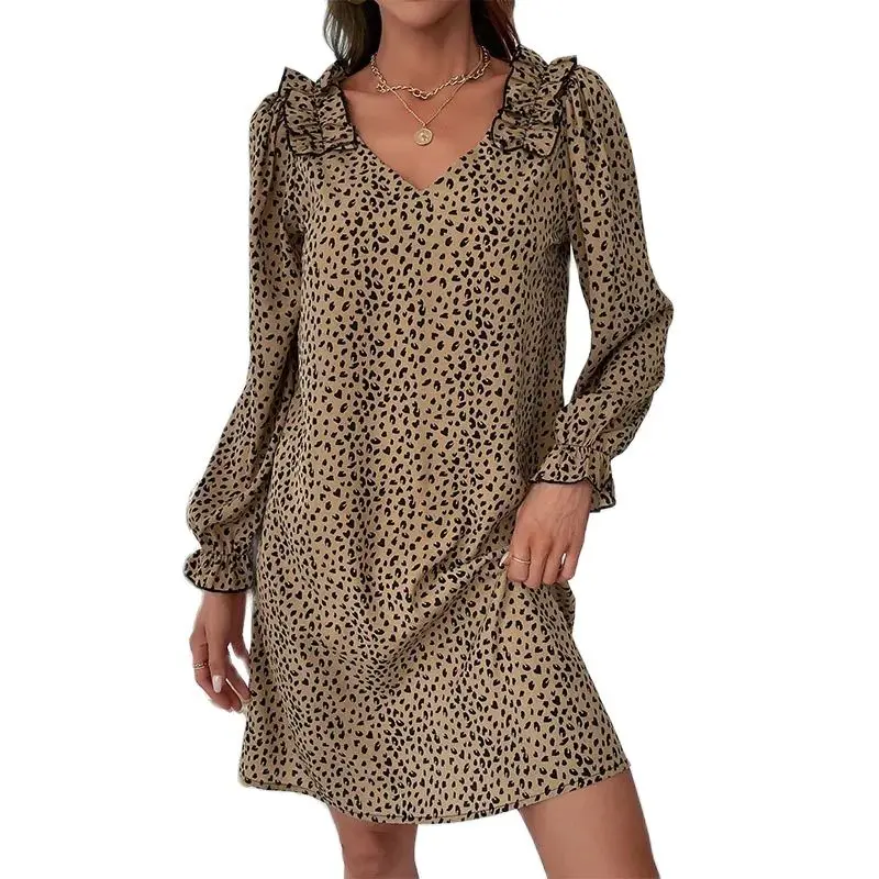 Leopard Print V-Neck Ruffle Trim Dresses For Women Casual Autumn Street Fashion Loose Tunic Full Sleeve Mini Dresses