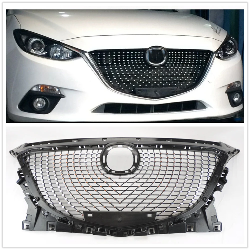 Grille avant pour Mazda 3 2014-2016 Racing Grills, Kit de carrosserie, Capot de pare-chocs supérieur, Grille d'aération centrale en maille, Remplacement de grille