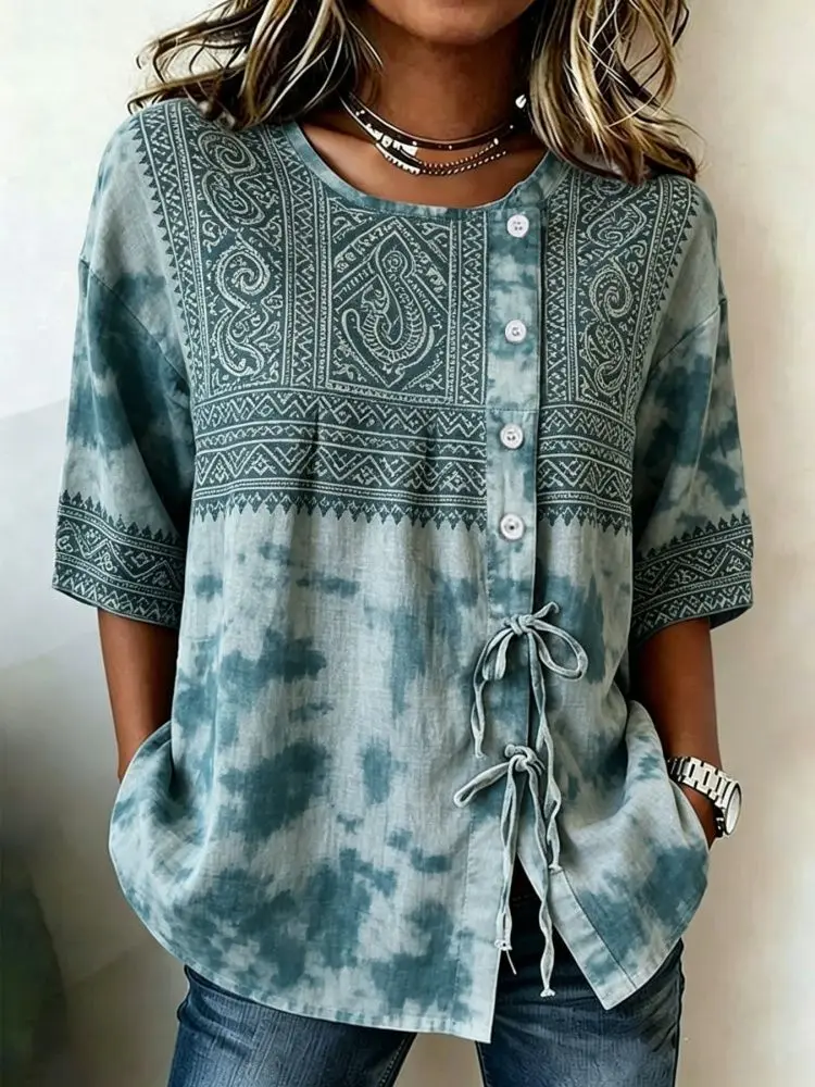 Women's Boho Tie-Dye & Geometric Print Drawstring Button Up Blouse, Casual Round Neck Tops for Spring Summer Daily Vacation Wear