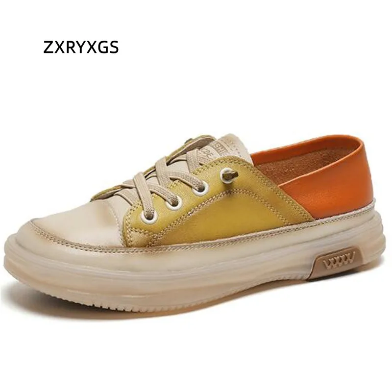 2024 New Spell Colors Lace-up Premium Soft Genuine Leather Sneakers Flat Shoes Women Sneaker Non-slip Soft Comfort Trendy Shoes