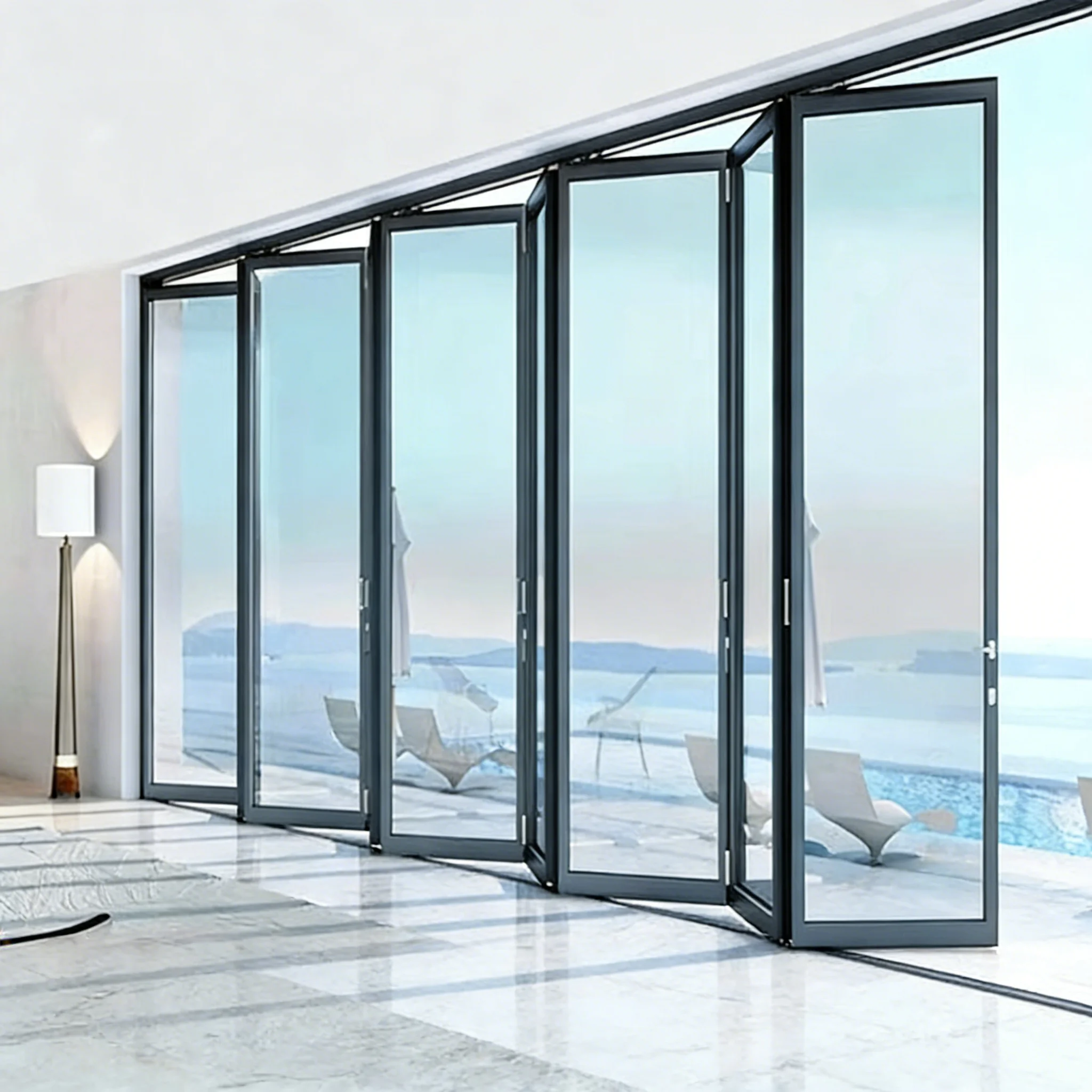 Hotel Large Size Fashionable Accordion Folding Door Thick Aluminum Frame Tempered Glass Folding Door UV Protective Fold Up Door
