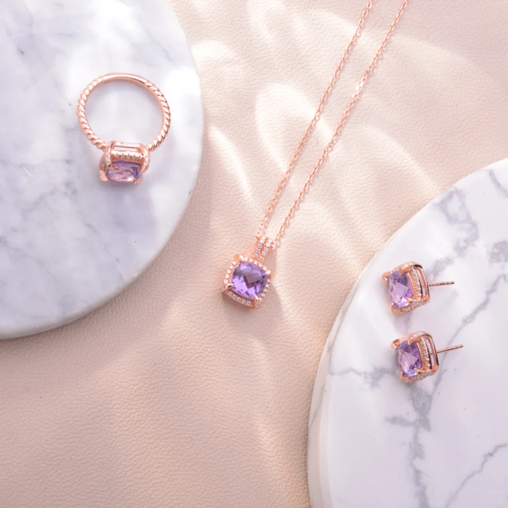 LinkerLove S925 Sterling Silver Amethyst Jewelry Set Cushion Cut Purple Gemstone Halo Necklace Earrings Ring for Women Wedding