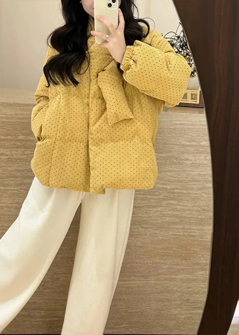 Polka Dot Corduroy Women Padded Jacket Korean Button Down Puffer Coat Long Sleeve Loose Retro Cozy Winter Outerwear Top