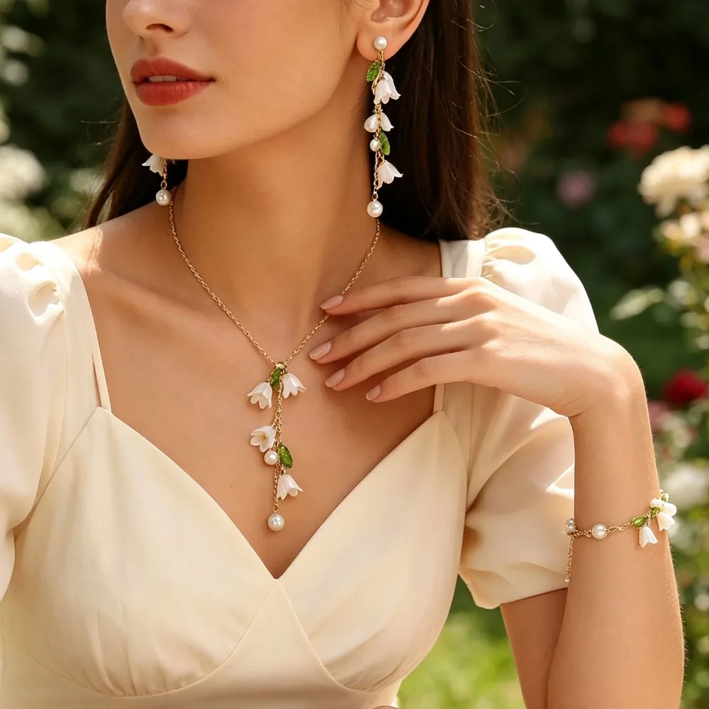 White Lily Of The Valley Jewelry Set Necklace Bracelet Stud Earrings Super Fairy Floral Accessory Gift For Girls
