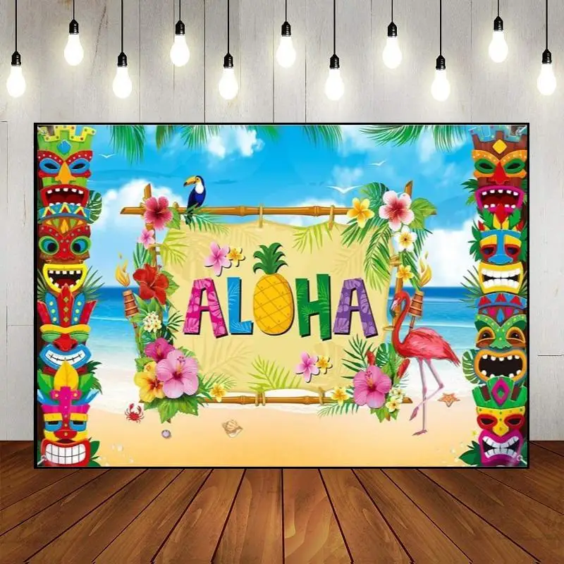 Tropical Hawaiian Tiki Bar Cover Wall Hanging Summer Aloha Luau Party Backdrop Background Custom Birthday Decoration Happy Photo