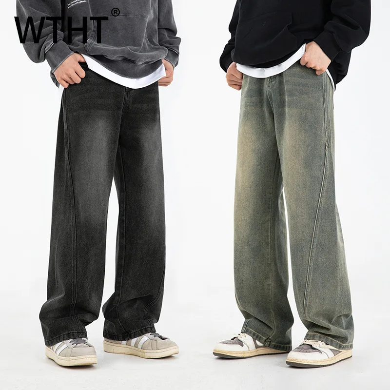 

WTHT Fashion Men's Gradient Do Old Spliced Design Denim Pants Vintage American Style Straight Loose Jean Male 2026 Spring 2A2756