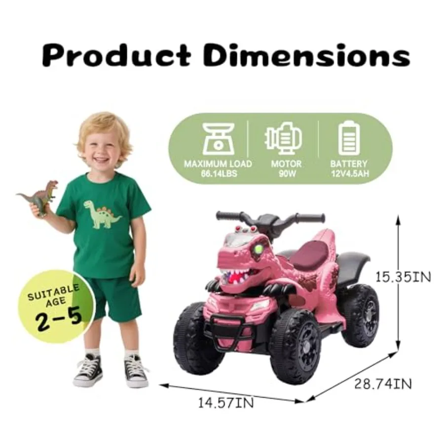 공룡 전동 ATV 4륜차 어린이용, 12V 전동 자동차 음악, 블루투스 및 LED 조명 포함, 3세 이상 생일 선물
