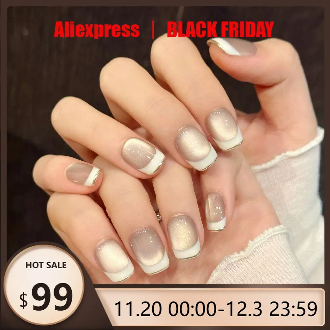 

10pcs Handmade Nails White Edge French Press on Nail Nude Glass Bead Cat Eye False Nail Short Square Full Coverage Nail Tips