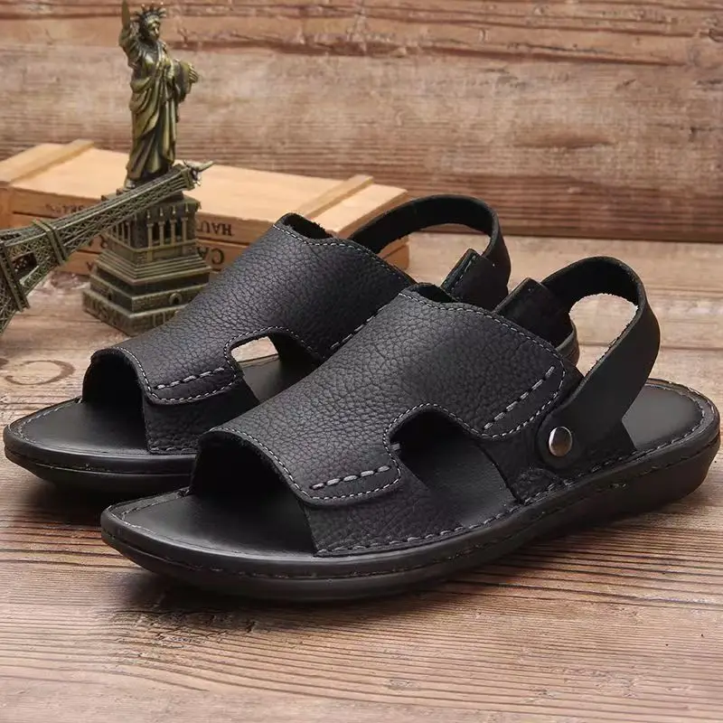 2024 Men's Summer Leather Flat Sole Sandal Soft Sole Non Slip Open Toe High Quality Dual Purpose Outdoor Beach Slippers Sandals