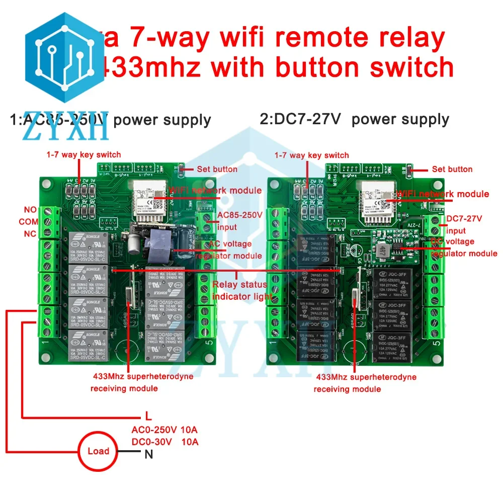 Tuya 7 Way WiFi Remote Control Relay Adapter Switch DC 7-27V AC 85-250V Jog Interlock Linkage 433mhz RF IoT Relay Module