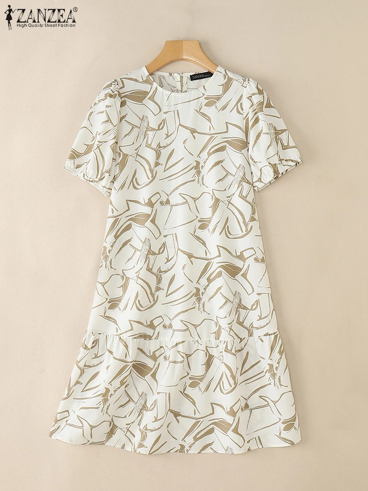 2025 ฤดูร้อนชุด ZANZEA ผู้หญิงพิมพ์ชุดเดรสสั้นพัฟแขนเสื้อลําลอง O คอวันหยุดเข่าความยาว Vestidos