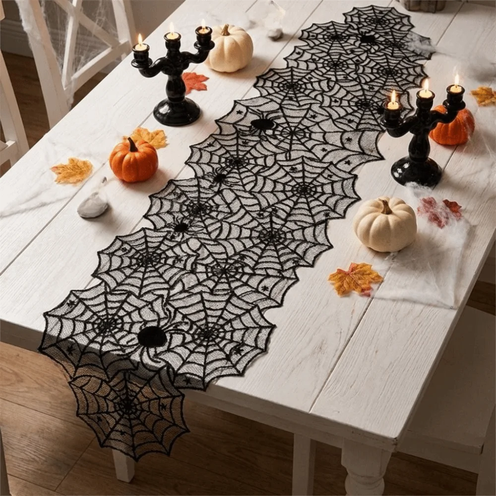 Translucent Spider Web Black Lace Table Runner Mesh with Spider Pendant Gothic Lace Tablecloth Long Strip Halloween Table Cover