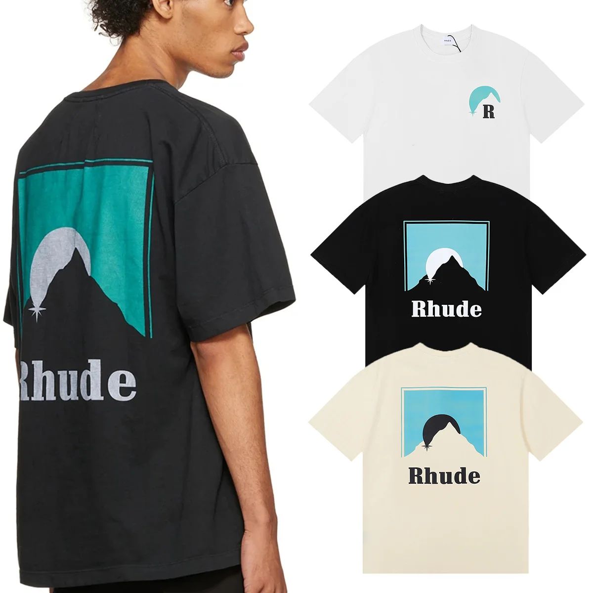 Retro Print Cotton round Neck Short Sleeve T-Shirt Unisex High Street Style Blue Sunset Color Men's Women's Pure Comfortable Fit