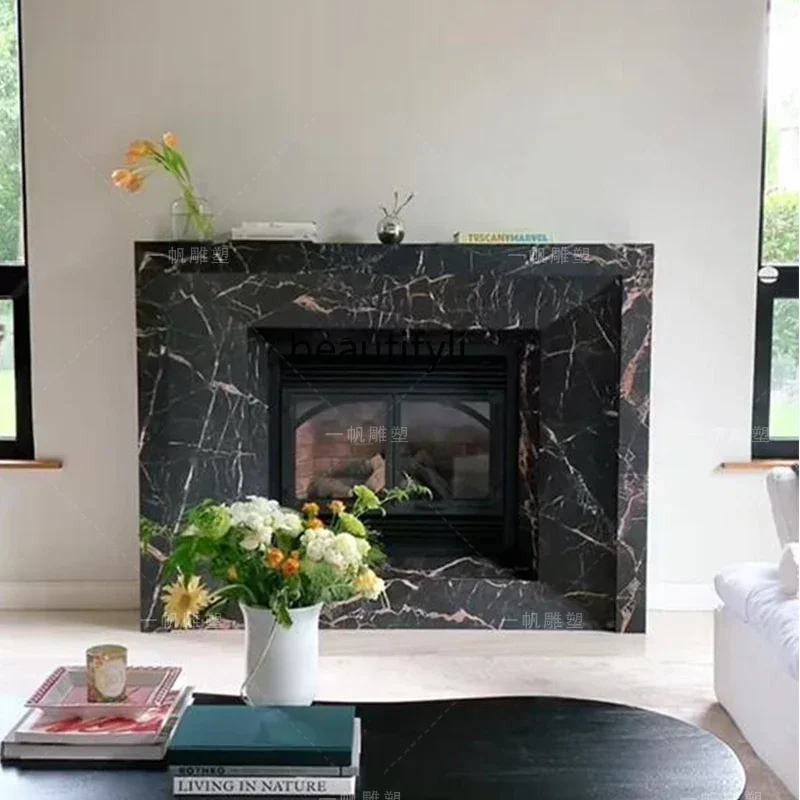 

P Natural stone fireplace marble fireplace French minimalist black fireplace decorative cabinet