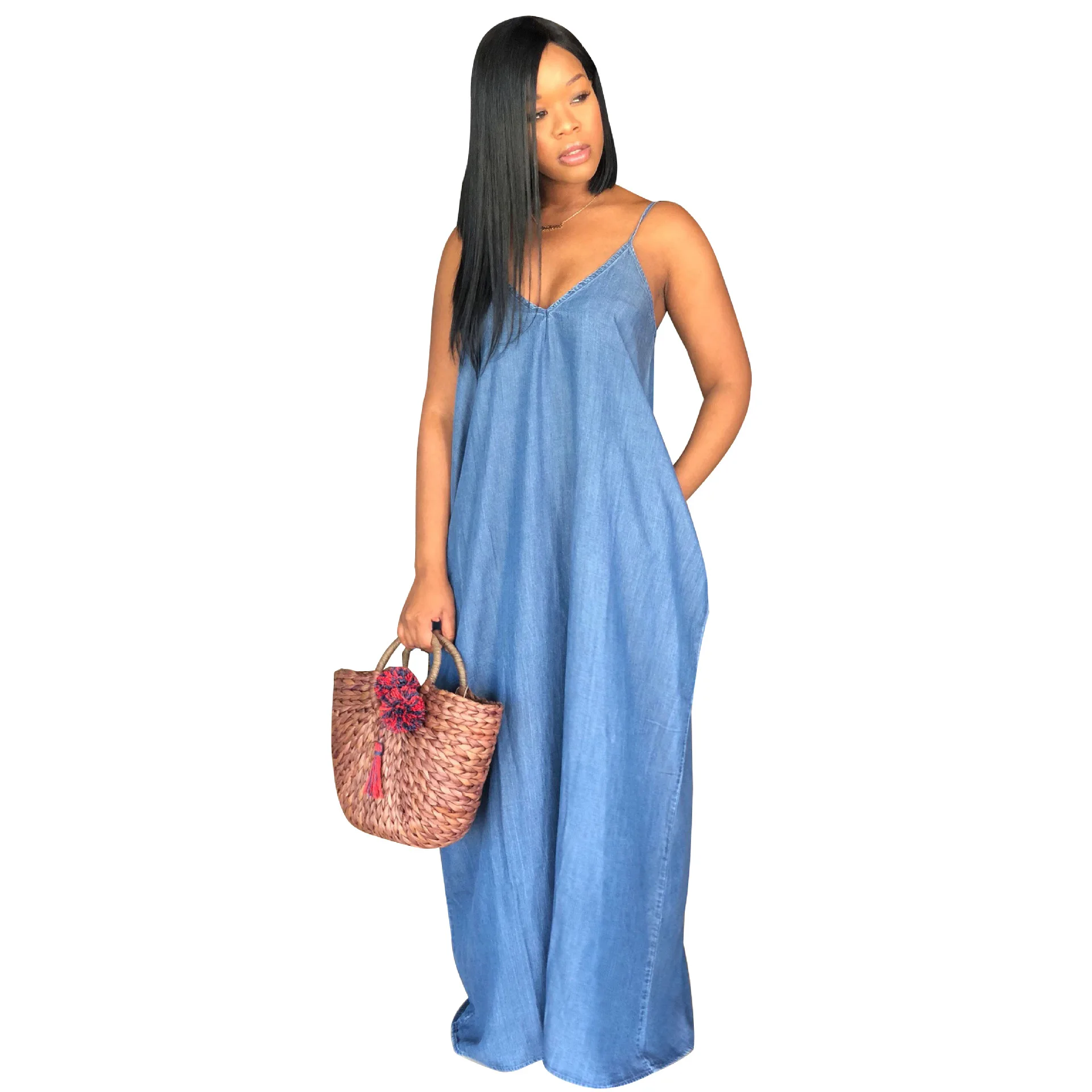 VOLALO 2024 Women Lady Boho Backless Women Ladies Baggy Denim Jeans Maxi Dress Women Dresses Loose Strapless Vestidos S-XXXL