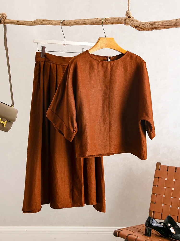 

YongLeap Летний новый коврик Old Money Sle Batwing Sve Комплект льна Faionable Mid-Sleeve Crew Ne из двух предметов для женщин...