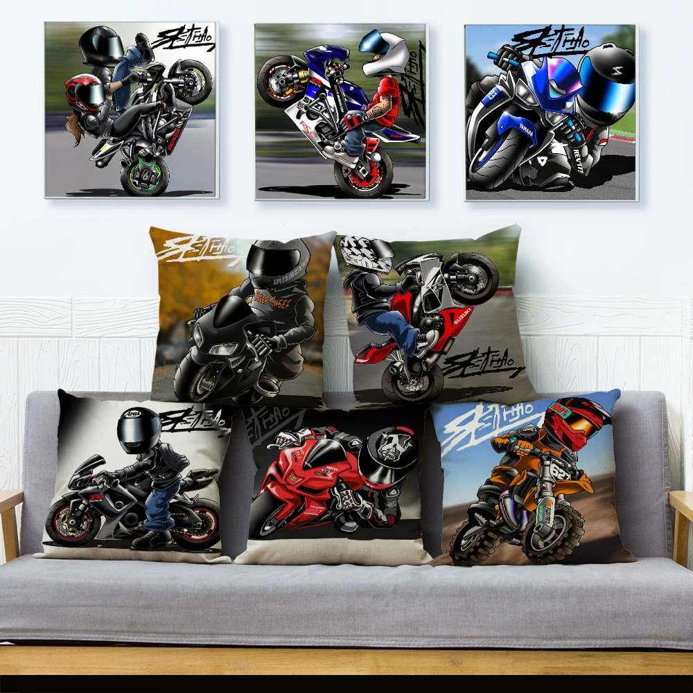 Cartoon Motorcycle Cushion Cover for Sofa Home Car Decorative Colorful Extreme Sport Mobile Bike Pillowcase Pillow Case 45x45cm