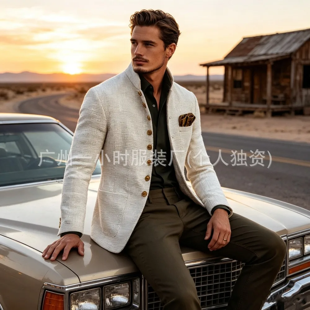Casual Pocket Coat Slim Fit Minimalist with Single Row Five Button Closure Stand Collar Long Sleeve Men Jacket Autumn Spring