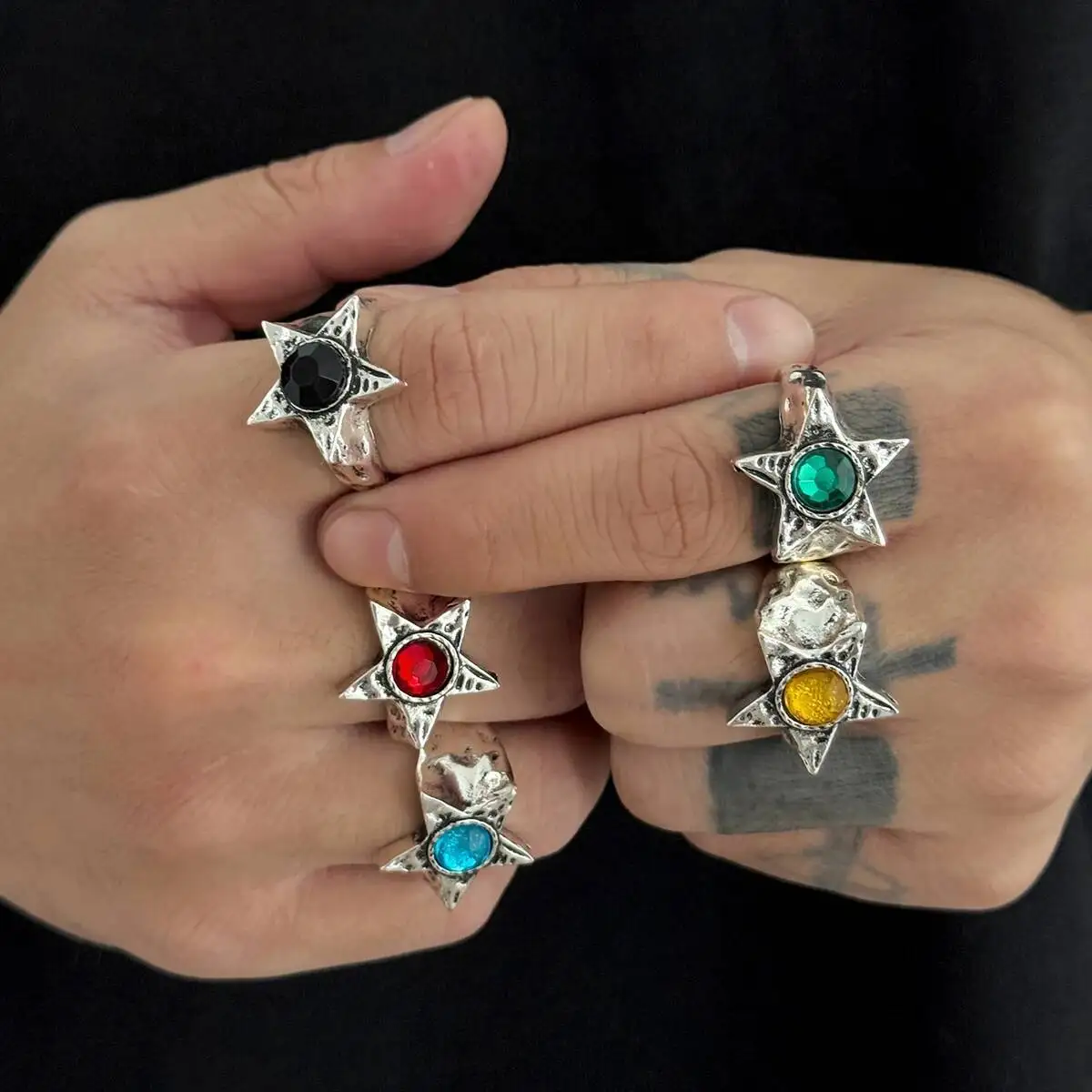 Salircon Fashion 5 Styles Exquisite Multicolor Acrylic Rhinestone Pentagram Ring Men Punk Adjustable Finger Rings Couple Jewelry