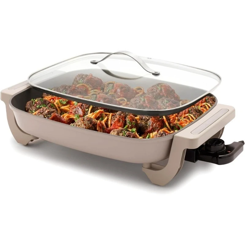 

Усовершенствованная электрическая сковорода 12x15 дюймов с крышкой, 7QT, керамическое покрытие с антипригарным покрытием, без PFAS, семейная еда, жарка, сотевание, приготовление на пару