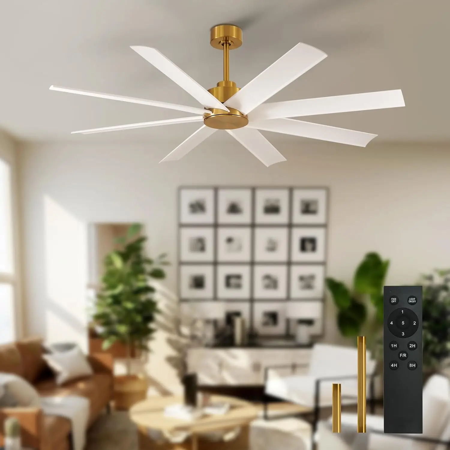 

60-Inch Large Ceiling Fan, 8 Blades, 5 Speeds, Reversible DC Motor, Remote Control, White and Gold Finish, Farmhouse Style, Suitable for Indoor and Outdoor Use