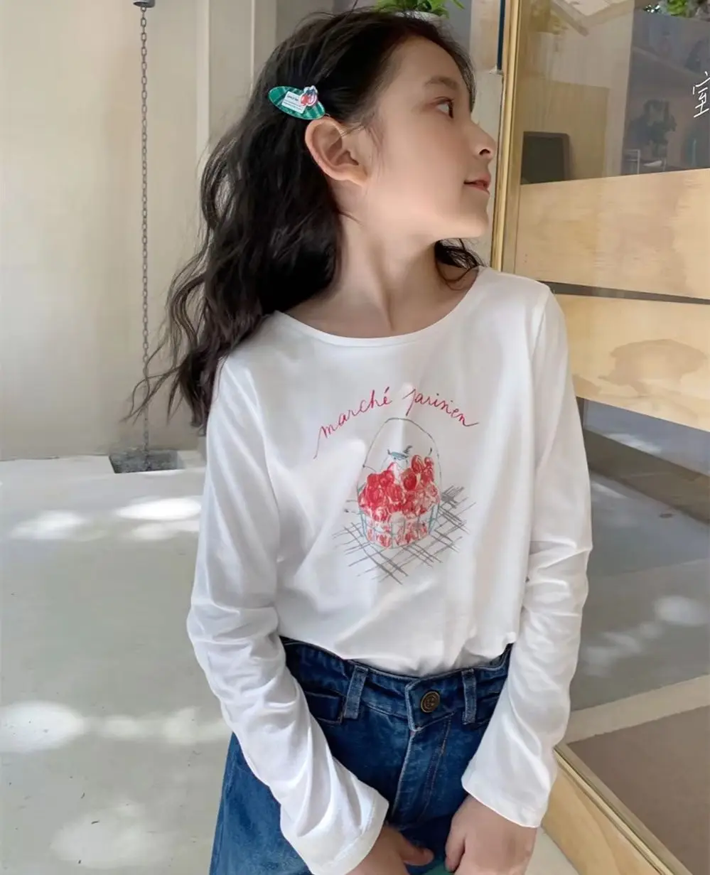 

girl clothes baby tops French style printed pattern girls' white long sleeved T-shirt Cotton comfortable casual T-shirt