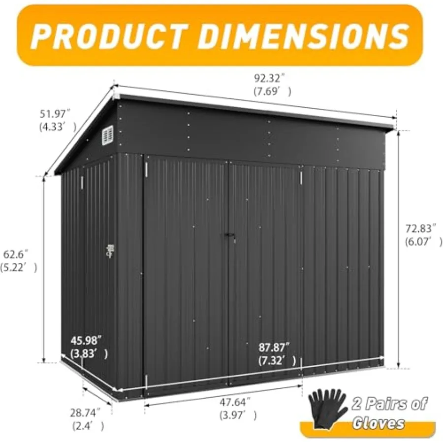 Outdoor storage for mower, bike, generator, garden tools: 8'x4' triple-door lean-to, weatherproof galvanized steel, black, dual
