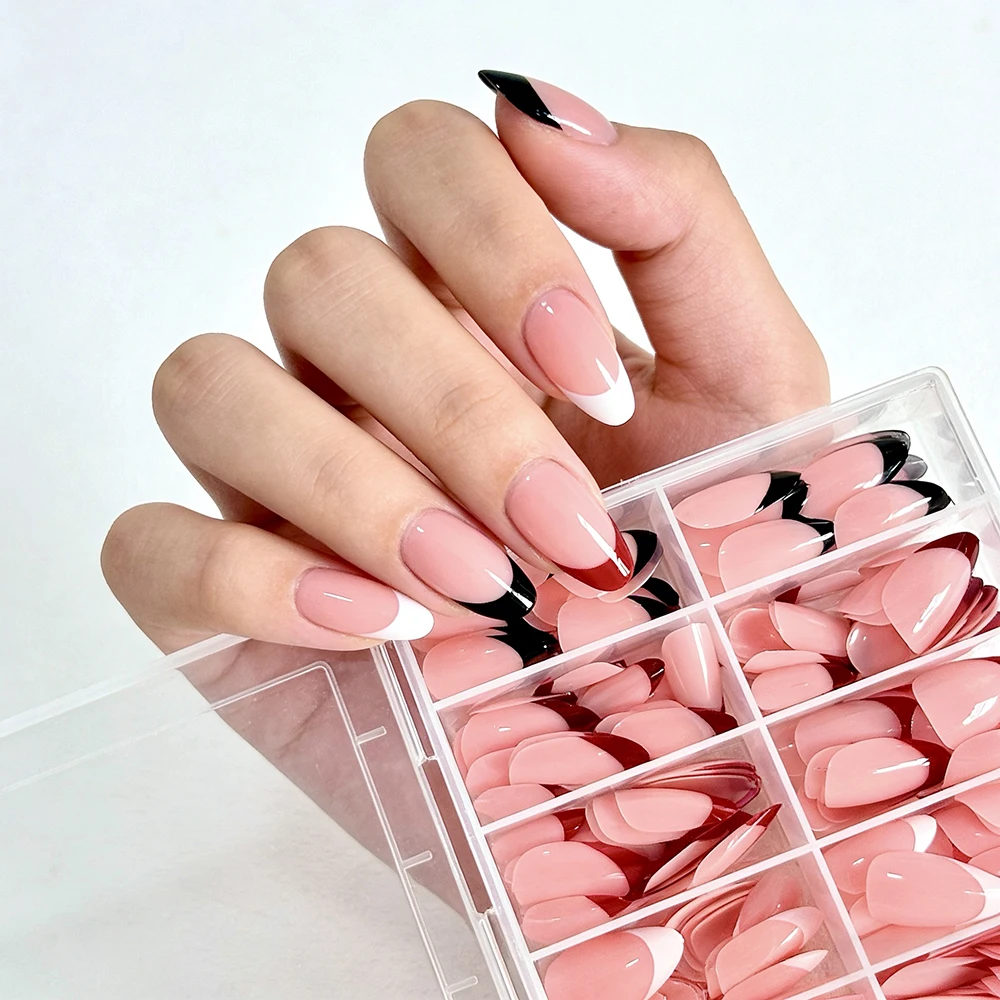 288 szt. Sztuczne paznokcie typu French Tips, akrylowe, migdałowe, pełne pokrycie, sztuczne paznokcie w kolorze czerwonym/czarnym/białym, owalne, do przedłużania paznokci dla kobiet.