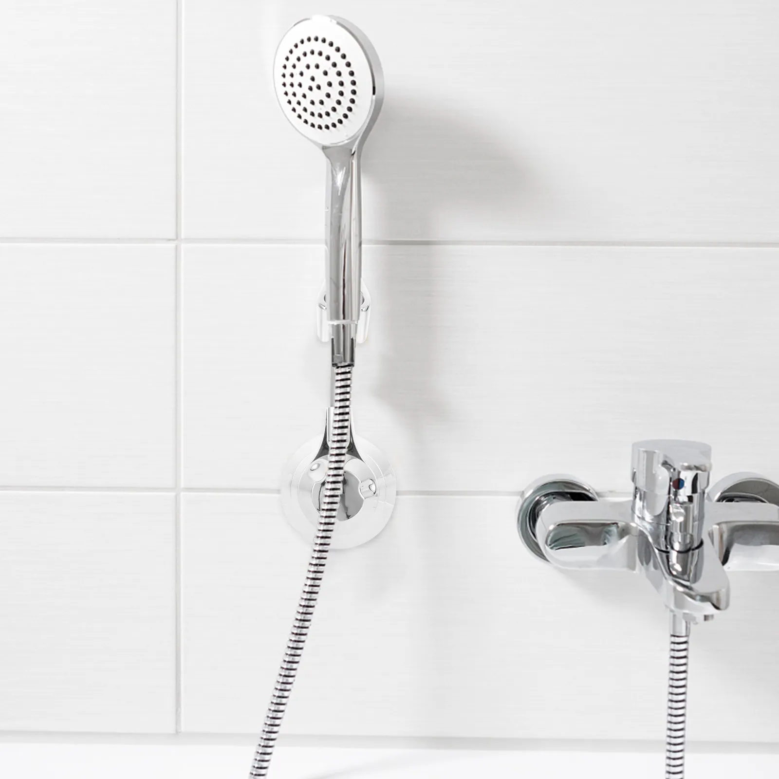 Solid Stainless Steel Shower Head Holder No Punching Wall Mounted Suction Cup Bracket 360 Degree Rotation Adjustable Universal
