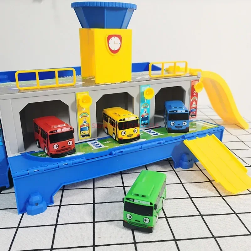 Cartoon Tayos De Kleine Bus Container Truck Opbergdoos Parkeerplaats Met 3 Pull Back Mini Auto Speelgoed Voor Kinderen Verjaardagscadeaus