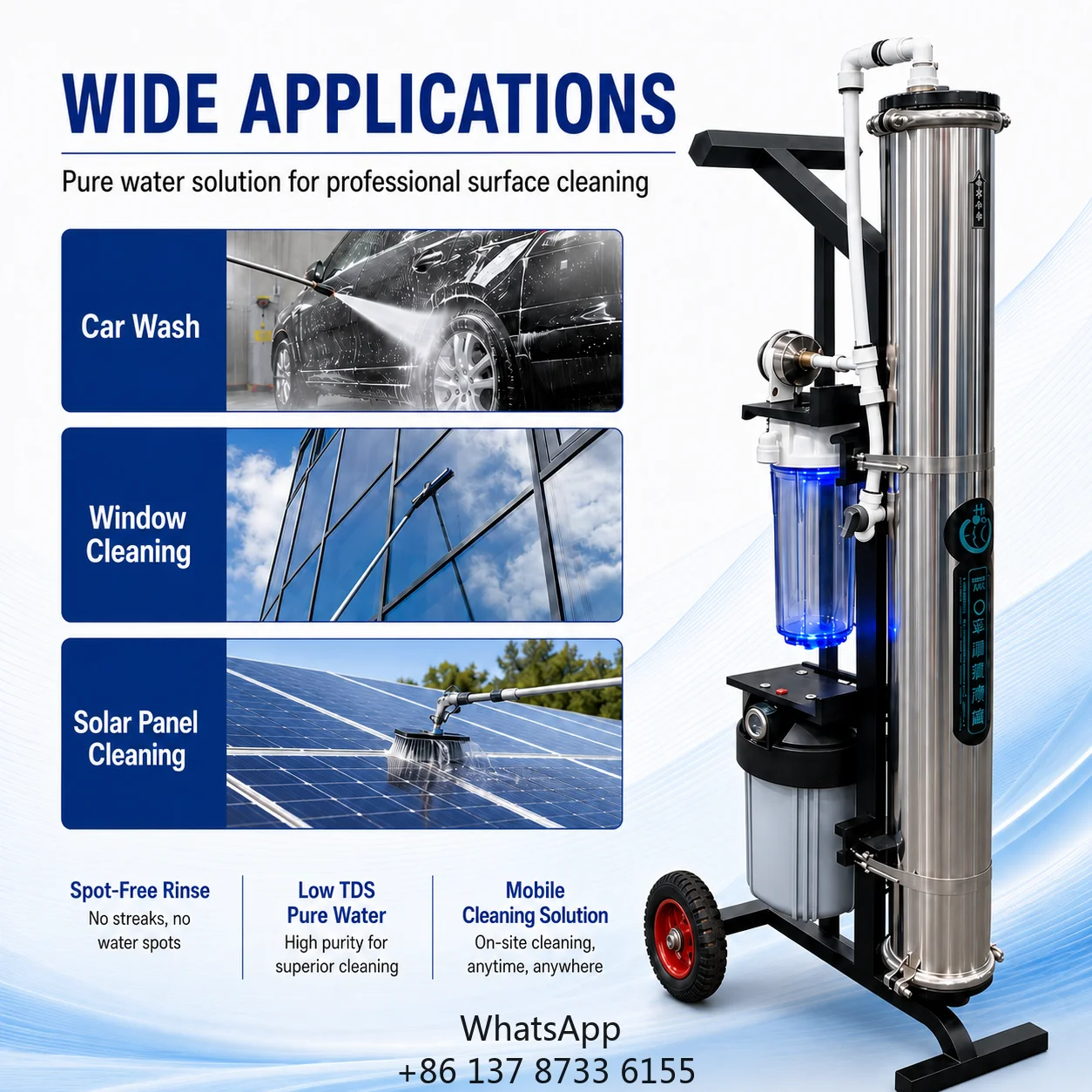 Mobile RO Pure Water Wheeled Trolley System Ultra Low TDS Spot Free Cleaner For Car Wash Window Solar Panel Exterior Washing