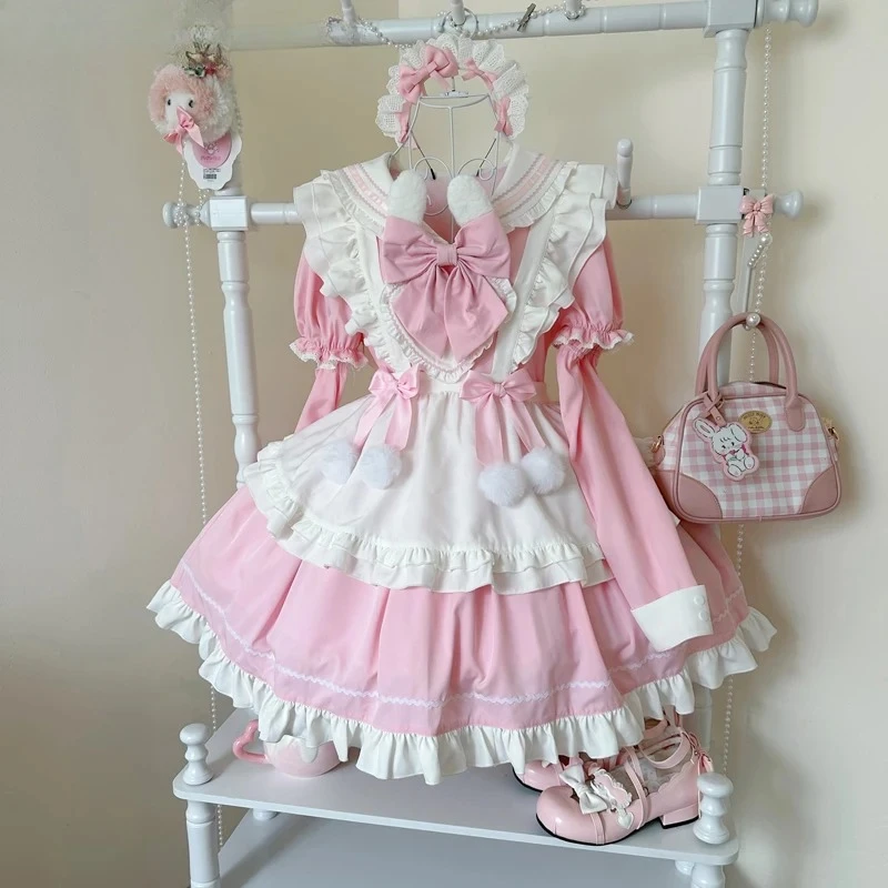 

Женское милое короткое платье Kawaii с большим бантом для девочек, весна 2024, оригинальное розовое платье Лолиты с длинными рукавами и короткими рукавами