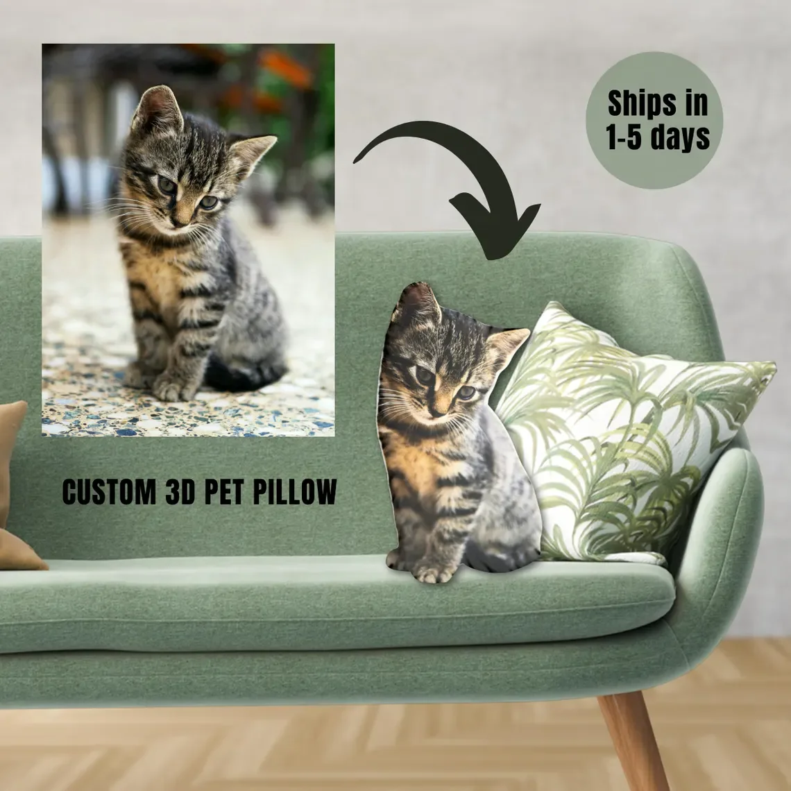 New Customized photo pillow with realistic cat and dog shapes, personalized plush gift for friends, olive brown polyester fiber