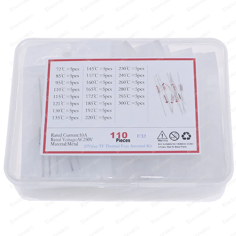 110pcs 22 Values Thermal Fuse Assortment Box kit 10A 250V Thermal Cutoffs 72℃ degree - 300℃ degree TF Temperature fuse Set