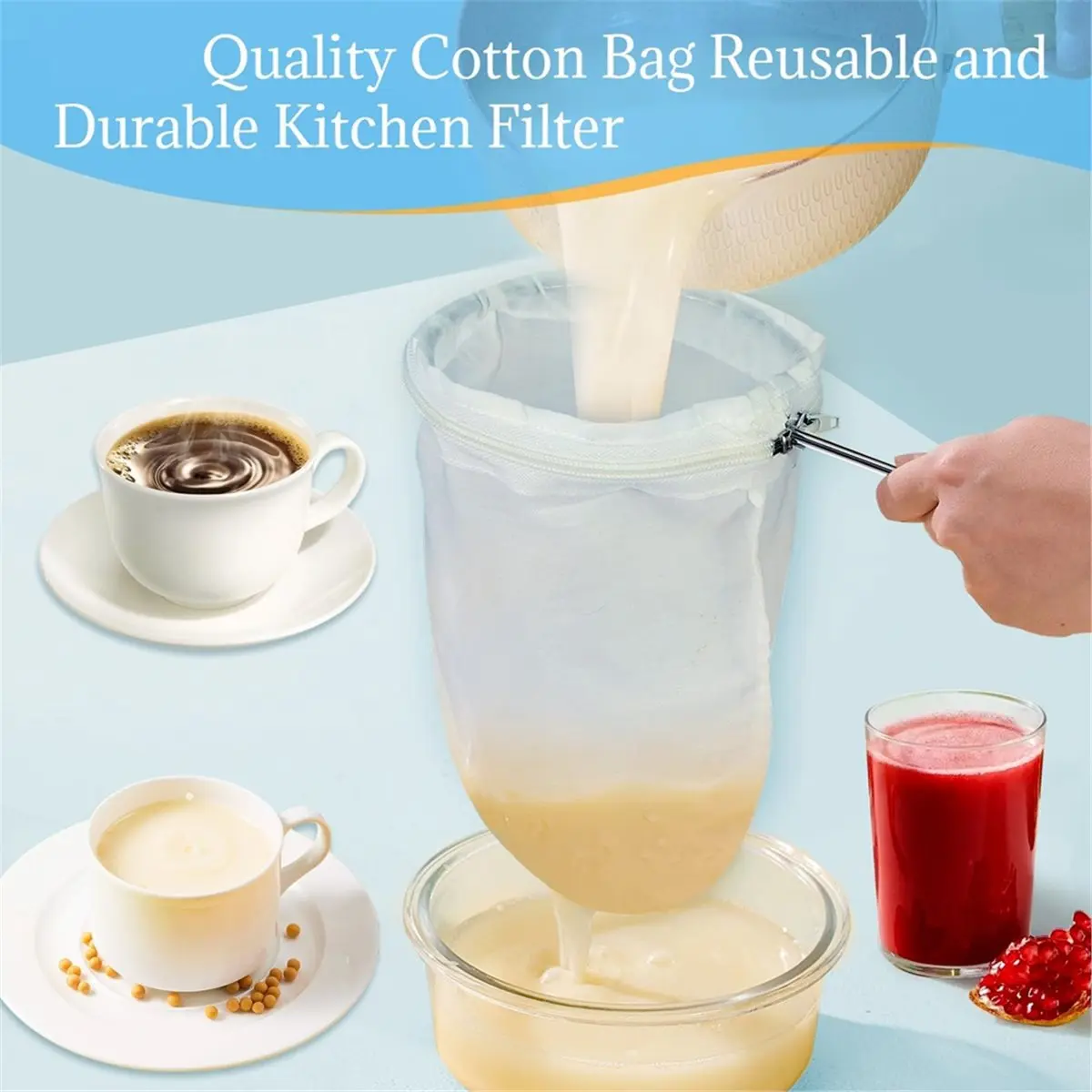 ABZF 2026 Fine Mesh Strainer, 3 Pcs Reusable Cloth Strainer Bags with Stainless Steel Handle,Juice Strainer for Kitchen