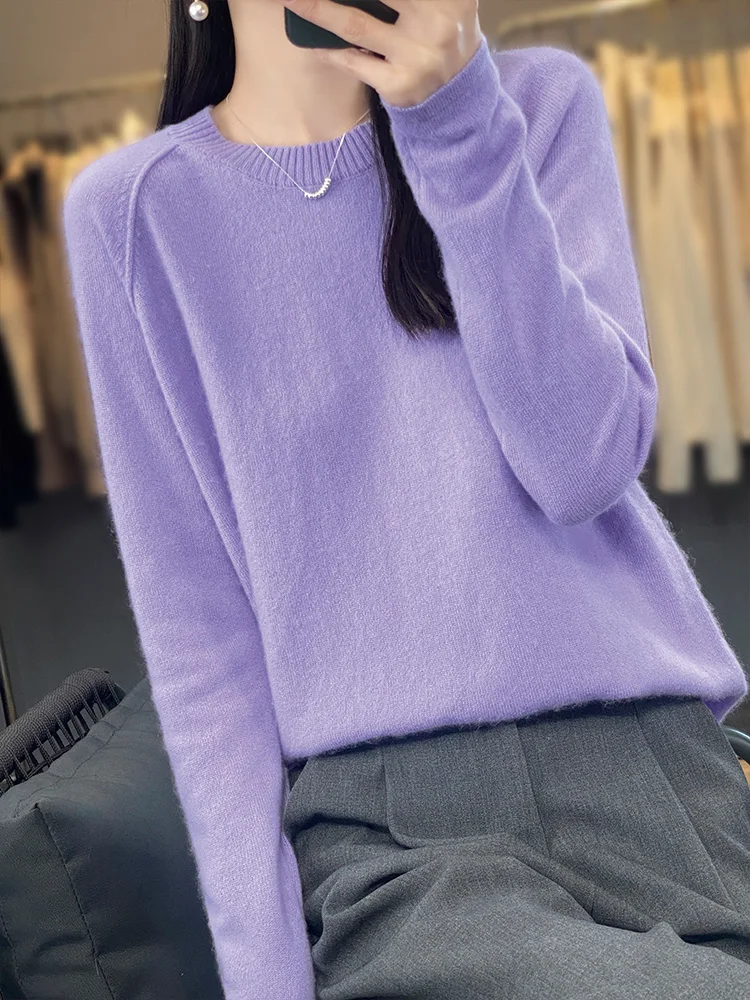 Women O-Neck Pullover 100% Merino Wool Long Sleeve Sweater For Autumn Winter Soft Solid Color Knitwear  Korean Cashmere Tops