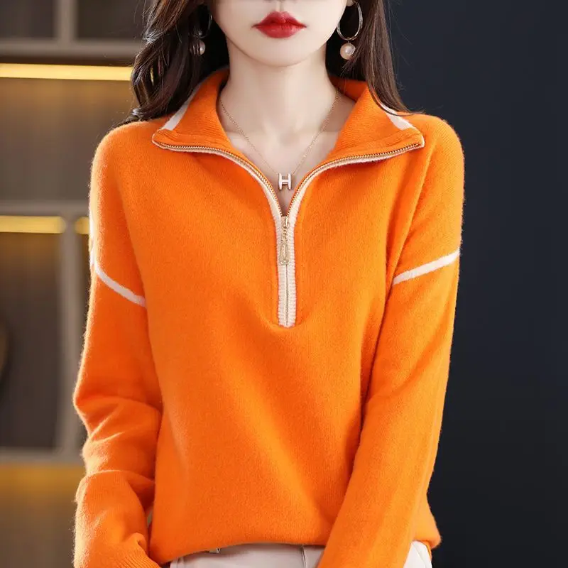 Streetwear moda zíper mock neck malha camisolas primavera outono roupas femininas all-match manga longa solto pullovers casuais