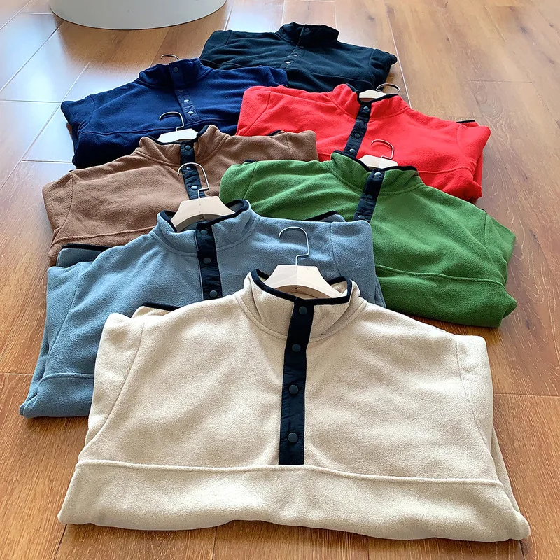 Men Fleece Pullover Half Button Sweatshirt Stand Collar Warm Outdoor Top for Winter Camping Hiking Daily