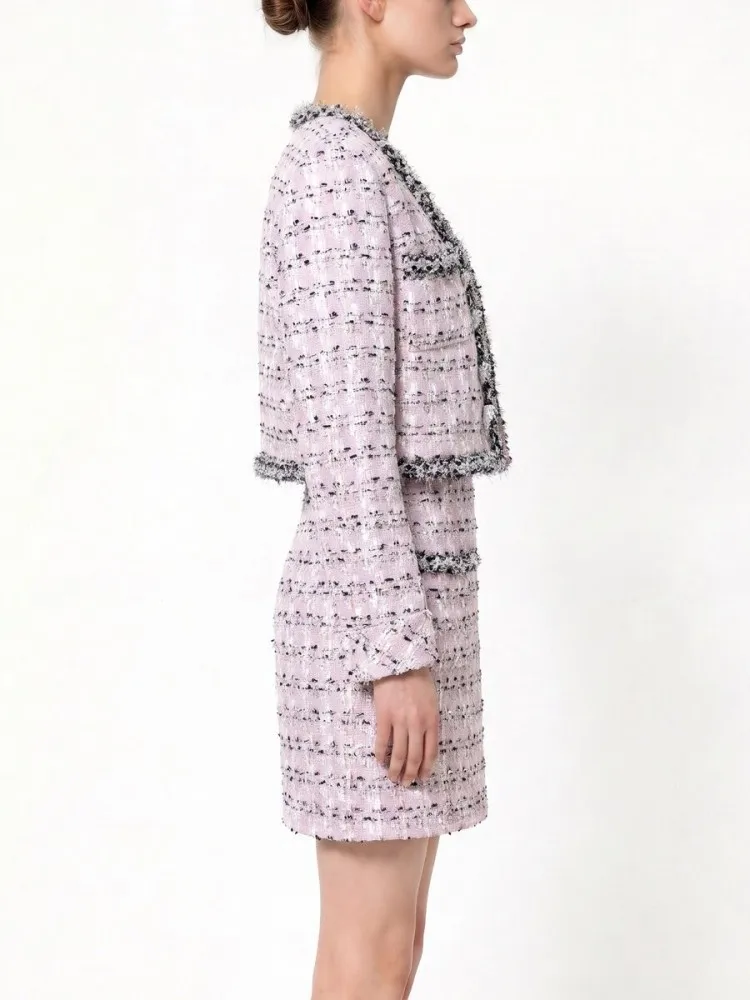 Autumn Fashion Office Ladies Long Sleeve Jacket Short Coat Tweed Two Piece Set Designer Dress A-Line Skirt Women Matching Set