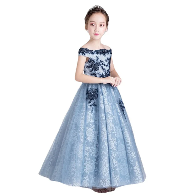 Child Girls Long Luxury Party Gowns 2023 Formal Kids Elegant Prom Evening Dresses 4 To 6 12 Years Child Cute Blue Princess Dress