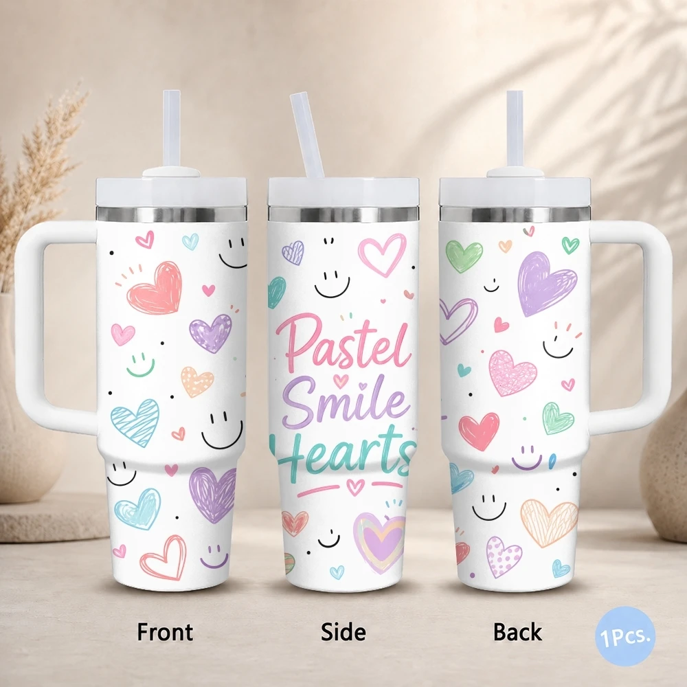 Doodle Cute Smile & Heart Prints Vacuum Flasks 40oz Stainless Steel Insulated Tumbler With Handle & Straw Leakproof Travel Mug