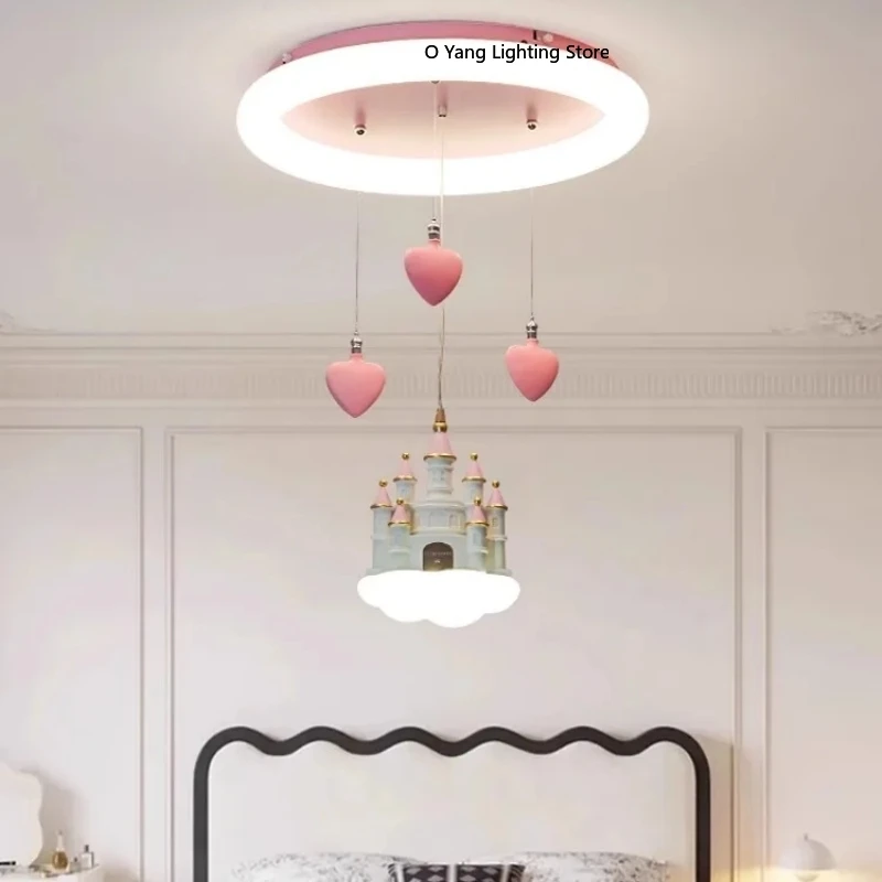 Kronleuchter für Mädchenzimmer, Kreative Cartoon-Beleuchtung, Rosa Mädchenherz-Schloss-Liebeslicht, Prinzessinnen-Zimmerlampe mit Fernbedienung