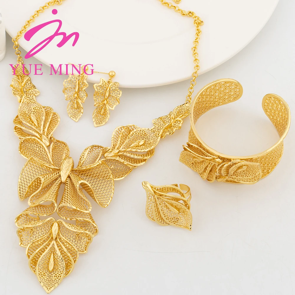 Tassel Gold Color Jewelry Sets For Women Bridal Flower Necklace Earrings Bangles Adjustable Rings Dubai Nigeria Wedding Jewelry