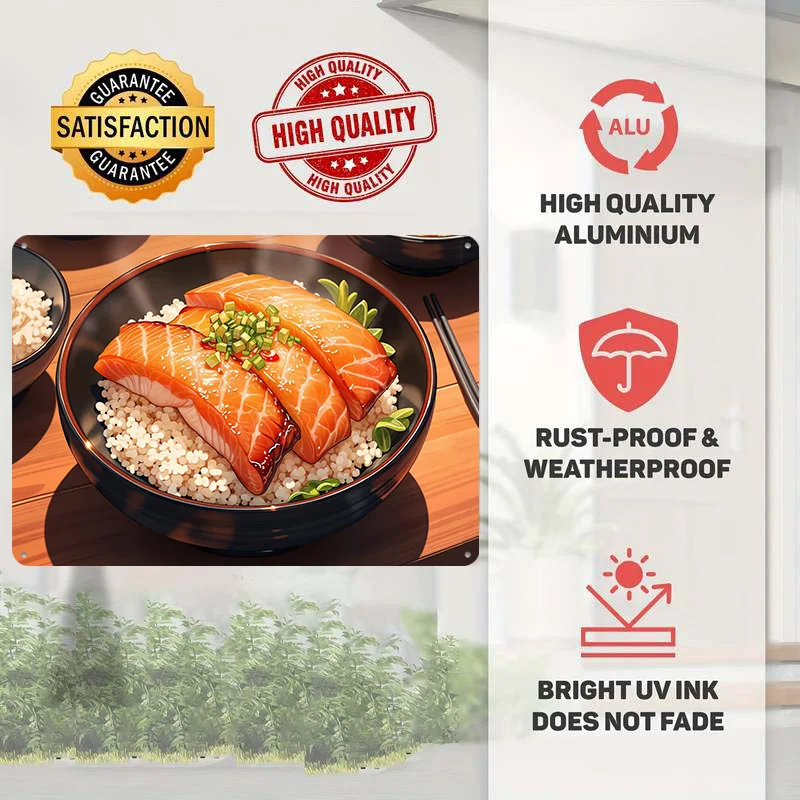 Salmon Donburi Bowl Personalized 3D Textured Metal Poster Wall Art Vintage Tin Signs for Modern Home Decoration Luxury Wand Deko