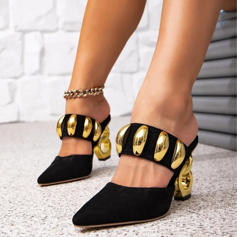 

Hollow Out Strange Heel Women High Heeled Slides Summer Shoes Slippers Gold Buckles Strap Pointed Toe 36-42 Black