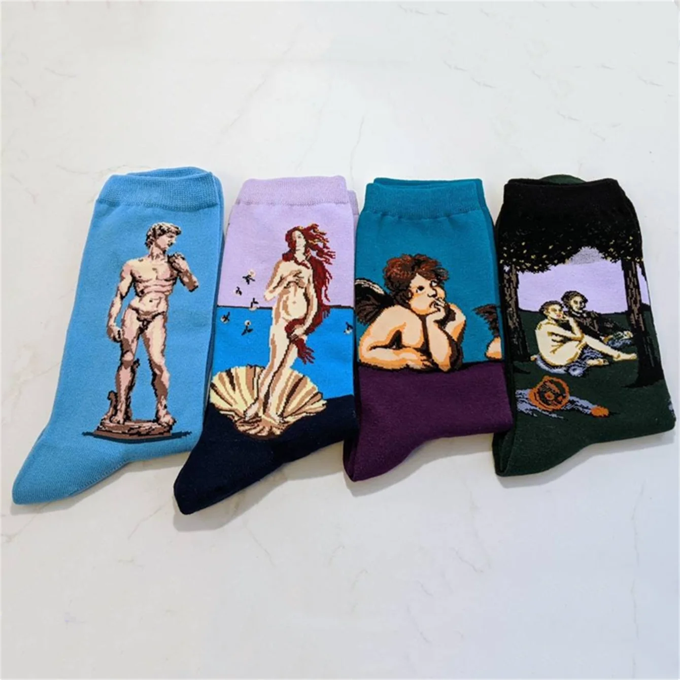 1 Pairs Men\'s Socks Mona Lisa Starry Night Art Oil Painting For Christmas Gift Harajuku Happy Funny Causal Cotton Socks