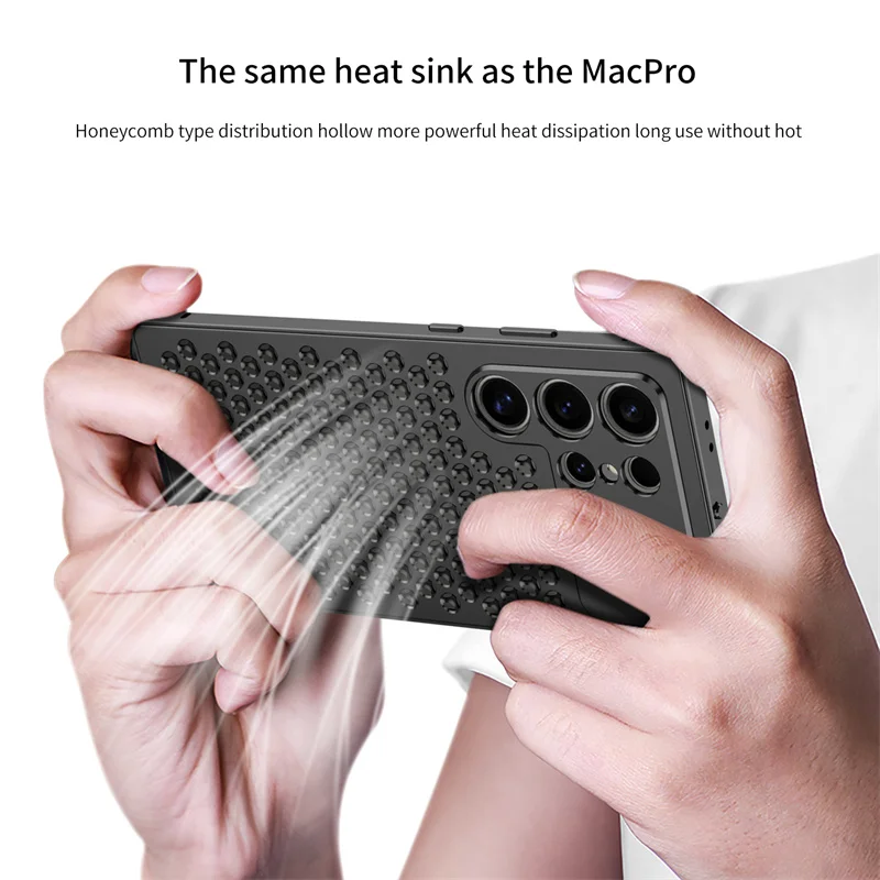 For Samsung Galaxy S23 S24 S25 S26 Ultra Metal Hollow Heat Dissipation Holes Phone Case Spring Buckle Shockproof Protect Cover