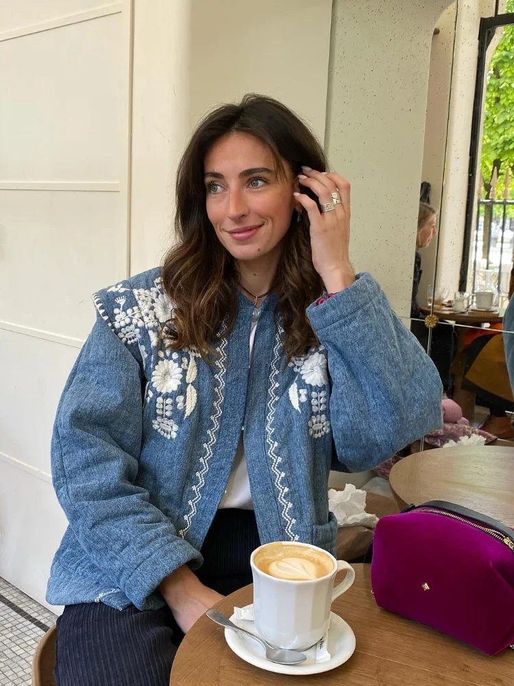 Abrigo con estampado de flores para mujer, chaqueta elegante de manga larga con cuello redondo y bolsillos, ropa de calle que combina con todo 2024