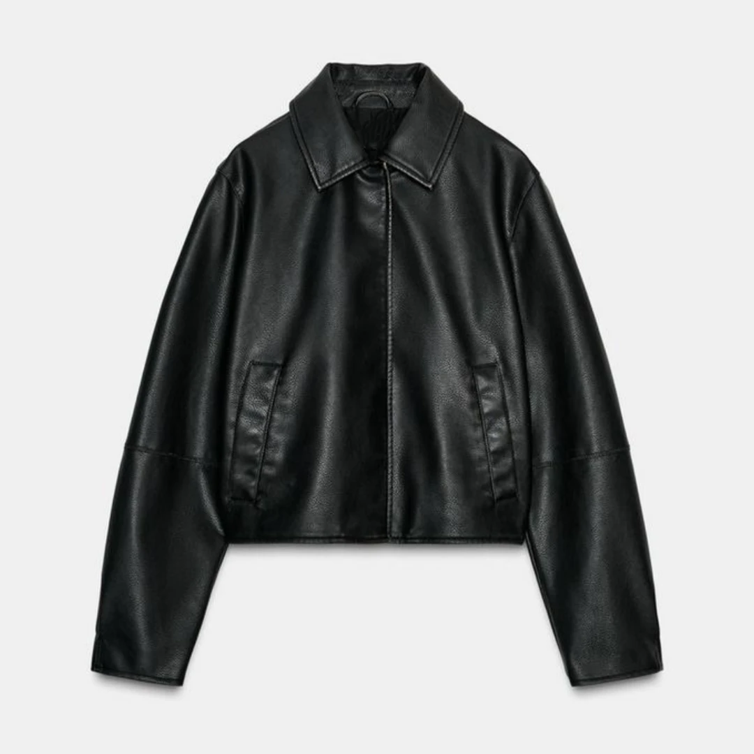 Casual Vintage Leather Jacket Long Sleeve Collar Coat Women's Autumn Winter New Style Short Length Zipper Closure Fashionable