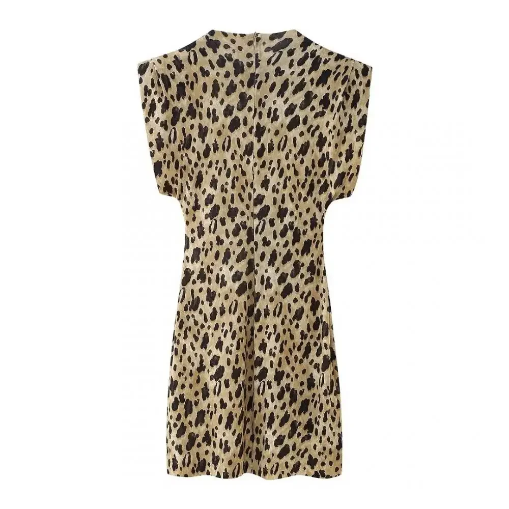 

Crew Neck Leopard Print Sleeveless Dress for Woman Casual Sexy Woman Half Turtleneck Large Cuffs Slim Midi Dress Lady Streetwear